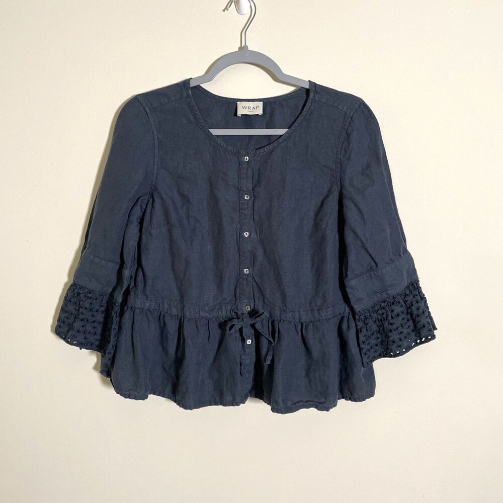 Wrap London Women’s Blue Blouse Top 3/4 Bell Sleeves Linen Crochet Size 6